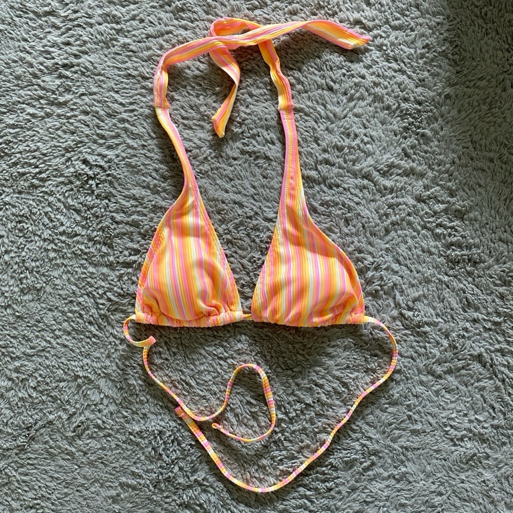 Orange, yellow, pink, and white striped bikini top.